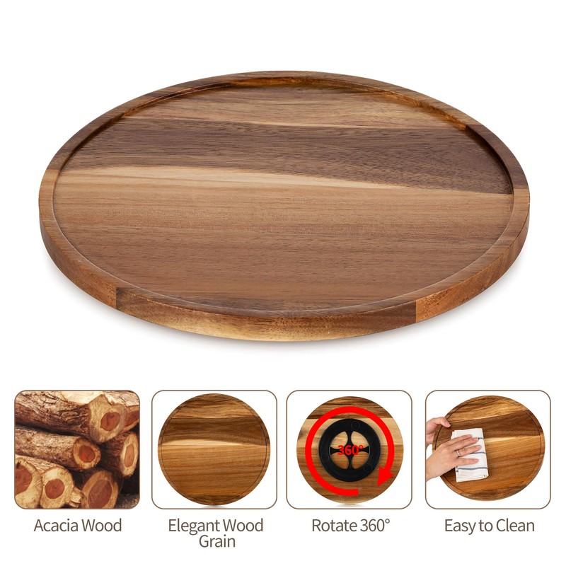 Hanobe Wood Tray Lazy Susan: Round Acacia Wooden Turntable Decorative
