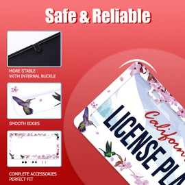 Hummingbird Flowers License Plate Frame Beautiful Bird Floral Plate Holder Stainless Steel Auto Parts Colorful License Plate Decoration with 2 Screws Size 12.3" x 6.3" for Men Women