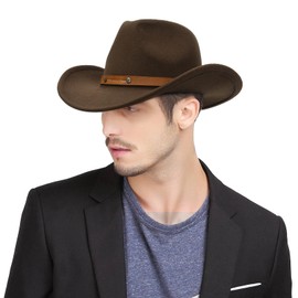EOZY Women Men Western Cowboy Fedora Felt Hat Wide Brim Outdoor Cowgirl Hat with Belt Buckle Coffee