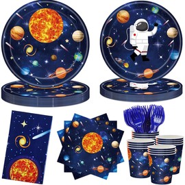 Juego de vajilla para fiesta espacial de 121 piezas, para 24 invitados, platos, tazas, servilletas, manteles, tenedores, decoraciones de astronauta, cumpleaños, reunión familiar (Espacio Exterior)