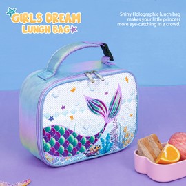 WAWSAM Sequin Mermaid Kids Lunch Bag - Insulated Waterproof Lunch Box for Girls School Travel Office Picnic Workout Camping Food Bag Portable Reusable Blue Lunch Tote with Handle and Pocket