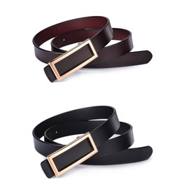 MoYoTo Women's 2 Pack Reversible Leather Belt Thin Waist Belt For Jeans Pants Dresses with Gold Square Buckle, Black+coffee, Suit Waistline 32”-39”