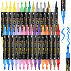 30 Colors Dual Tip Acrylic Paint Markers Pens- Premium Acrylic Paint Markers, Brush & Round Tips, Quick-Drying - for Rock, Canvas, Ceramic, Wood