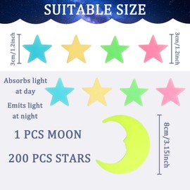 200Pcs Glow in The Dark Stars Stickers, Glow in The Dark for Room Decor, Hypoallergenic PP Luminous Star Moon Wall Stickers for Kids Bedroom, Nursery, Party, Bathroom, Baby Room Decoration
