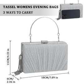 YYW Tassel Womens Evening Handbag Shoulder Bags Glitter Clutch Bags for Formal Wedding Party Date Prom with Top Handle and Chain(Silver)