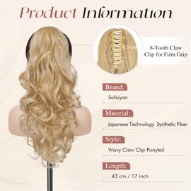 Sofeiyan Ponytail Hairpiece with Clip, Long Wavy Curly Braid Extension, Claw Clip-In Ponytail Extension, Synthetic Hair Extension for Women, 43 cm, Ash Blonde