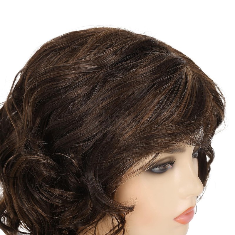 Qnbiar Short Curly Fluffy Wig Brown Layered Messy Shaggy Synthetic