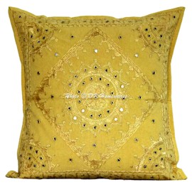 DK Homewares Ethnic Couch Decorative Cushion Covers 60 x 60 cm Cotton Mustard Yellow Embroidered Large Cushion Covers Indian Mirrored Bohemian Square Cushion Covers - Set of 2 (Cover Only)