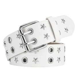 NUREINSS Punk Belt Unisex | Double Hole Design with Star Pattern, Stainless Steel Buckle (3.8 cm) | For Streetwear, Rock Outfits & Gothic Fashion | Faux Leather for Jeans/Dresses/Parties, White, One