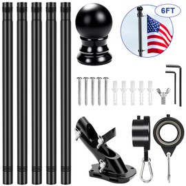 REERON 6 FT Metal Swivel Rings Flag Poles Kit, 360° Tangle Free Rotating Bearing Rings, 2-Position Holder & 1" Stainless Steel Flagpole for Outside House Porch Wall Mount Residential Commerical