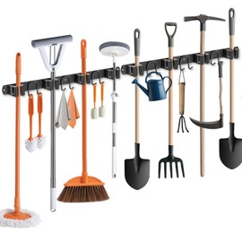 GUUKAR Broom Holder Wall Mount, 2 Packs Black Stainless Steel Tool Storage Organizer for Kitchen Garden Garage Laundry Room Bathroom and RV with 4 Slots 6 Hooks