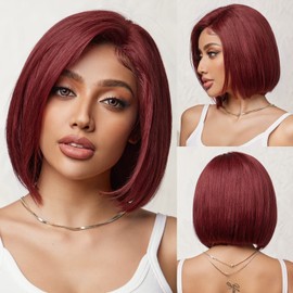 starluck SilkHug HD Lace Front Wigs Human Hair Glueless Pre-plucked Pre-cut Bob Real Human Hair Burgundy-99J Wigs for Women Side Part 12" Lenght Straight Wig 150% Density 13"×4"×2.5"