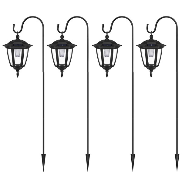 Brightown 38.5 Inch Solar Pathway Lights Outdoor, Bright LED Hanging Lanterns Lights with Shepherd Hooks, Waterproof Driveway Markers Black Lamp Post for Garden Front Patio Yard, Warm White, 4 Pack