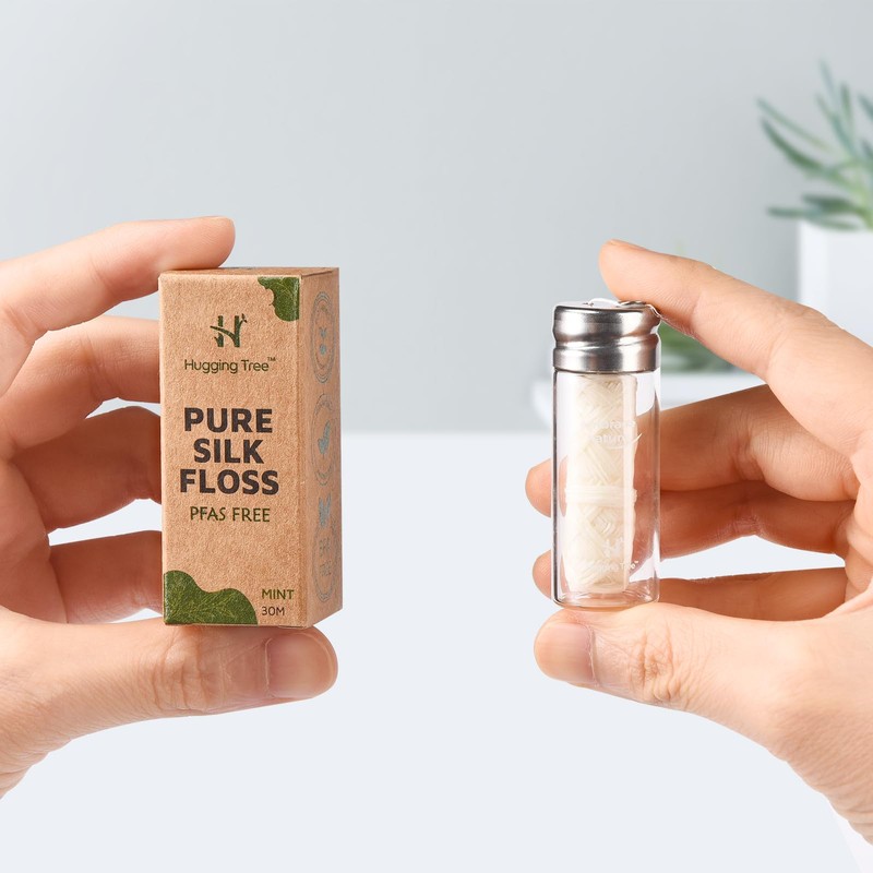 HUGGING TREE Natural Silk Dental Floss with Glass Dispenser |