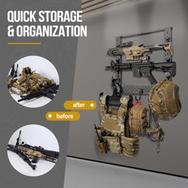OneTigris Gun Rack Wall Mount 02, Hold Up 80lbs Indoor Gun Rack for Wall Mount Horizontal Wall Gun Rack with 10 Hooks Indoor Floor for Helmet Vest Belt Police Gear, 21.5"*22.1"