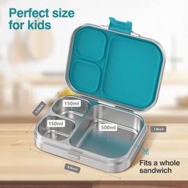 HOMEKOL Stainless Steel Lunch Box, 3 Compartments Metal Bento Box for Kids Adults, Leak-Proof Lunch Box for Office, Dishwasher Safe, BPA-Free, Blue