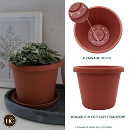 The HC Companies 6 Inch Round Prima Planter - Small Plastic Plant Pot with Rolled Rim for Indoor Outdoor Plants Flowers Herbs, Clay