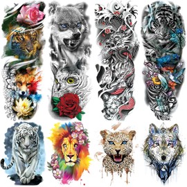 Color Animal Temporary Tattoo Sleeve for Women Leg, 4-Sheet Full Arm Realistic Tiger Dragon Bear Fake Tattoo Sleeve Adult Girl and 4-Sheet Large Colorful Half Temp Tatoo Sticker Thigh Makeup Body Art
