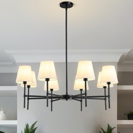 RUIYEY Dining Room Chandeliers Light - 5-Light Black Modern Chandeliers Light Fixtures with White Fabric Shade, Height Adjustable Pendant Island Lights for Entryway Farmhouse
