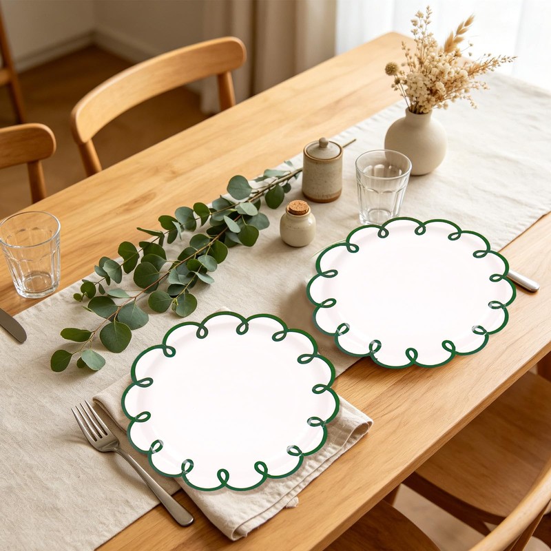30Pcs Green Scalloped Paper Plates, Wavy Edge, 9 Inch