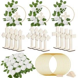 Wesiti 48 Pcs Baptism Centerpiece First Communion Table Decoration 12 Wood Cross 12 Floral Hoop with Stand 24 Foam Rose with Stem for Baptism Baby Shower Wedding(Wood and White,Classic)