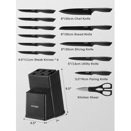 Knife Block Set, FOHERE 13 Pcs Self Sharpening Knife Set, High Carbon Stainless Steel BO Oxidation Knife Set with Anti-slip Handle, Dishwasher Safe, Matte Gray