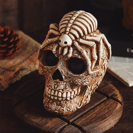 Arola Skull Head Sculpture Spider Decoration, Creative Flowers Skull Desktop Ornament，Skull Collectible for Home Office Desk Supplies.