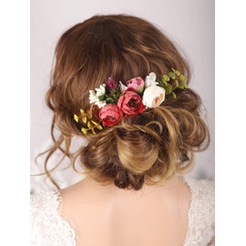 Kercisbeauty Handmade Boho Hair Comb for Brides Fake Floral Red Flower Hair Accessories Garden Wedding Hair Piece Prom Evening Party Headpiece for Women Teen Girls