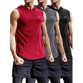 NELEUS 3 Pack Workout Athletic Gym Muscle Tank Top with Hoods,5036,Black,Grey,Red,US S,EU M
