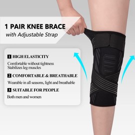 yeloumiss Knee Support Brace 2 Pack Compression Knee Sleeve with Straps Knee Bandage for Women Men for Sports, Arthritis, Joint Pain, Ligament Injury, Meniscus Tear, ACL, MCL, Tendonitis (Black, XXL)