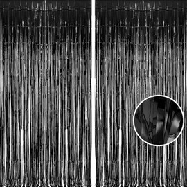 Foil Fringe Curtain Halloweens Party Decorations - Pure Black Tinsel Photo Backdrop Party Steamers Curtains for Birthdays Wednesday Music Christmas Stranger Theme Parties