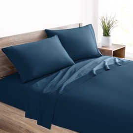 Mellanni 400 Thread Count Cotton Sateen Sheets Set - 4 Piece White Bed Sheets Set - Fits Mattresses up to 16" Deep - Cooling Sheets for Hot Sleepers (California King, Navy)