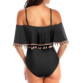 Tempt Me Women's Black with Tassel Off Shoulder One Piece Swimsuits Flounce Ruffle Bathing Suits L