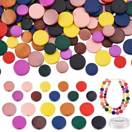 PH PandaHall 200pcs 10 Colors Flat Wood Beads 15mm/20mm Round Wooden Coins Colourful Wood Spacers Craft Beads for African Necklace Bracelet Jewellery Making with 10m Elastic Thread