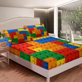 Erosebridal Games Sheet Set for Kids Teens Adults,Color Building Blocks Bed Sheets Set Full Size,Toy Brick Sheets,3D Construction Flat Fitted Sheet with 2 Pillowcases Microfiber