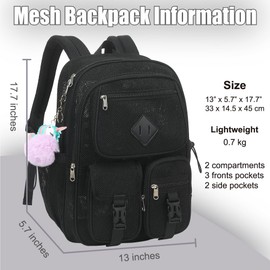 Lroiutian Mesh Backpack for Girls Boys, Heavy Duty Semi-Transparent Bookbag Womens Mens Backpacks for School, Beach, Swimming—Black