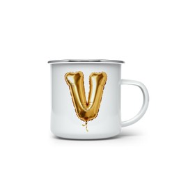 MAXIKIWI Langlebige Emaille-Kaffee- oder Tee-Camping-Tasse für drinnen und draußen, Motiv: goldene Buchstaben, Luftballons, 3 - 350 ml