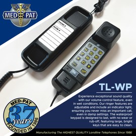 Med-Pat TL-WP - Trimline Corded Home Phone with Ring/in-Use Light Indicator, Waterproof Oversized Keypads, Durable Landline Telephone, Ideal for Office and Business Environment - Black