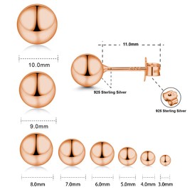 Rose Gold Plated Sterling Silver Ball Stud Earrings 3mm-10mm Options, Simple Polished Ball Studs Hypoallergenic Jewellery (3mm)