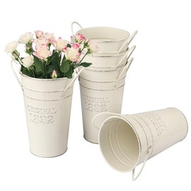 GENHAKON 5 PCS 8 Inch Tall Rustic Galvanized Flower Vases, Farmhouse French Buckets for Beautiful Floral Arrangements, Home Decor or Weddings and Events