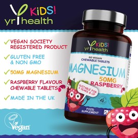Kids Magnesium Tablets for Sleep, Anxiety and Ticks, 50mg Chewable Raspberry Flavour Magnesium for Kids, Vegan Society Registered Tablets not Gummies, 2 Months Supply - Made in The UK by YrHealth
