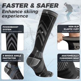 Rahhint 2 Pairs Merino Wool Ski Socks for Men,Compression Snowboard Socks,Knee High Thick Thermal Socks for Cold Weather，Breathable Quick Dry,Anti wear & Non slip,Size 3-15