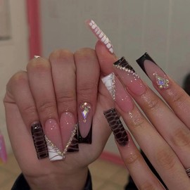 MERVF Long Square Press on Nails Black French Tip Fake Nails Press ons Rhinestones Acrylic Nails with Animal Print Design Luxury Squoval False Nails Glossy 24pcs