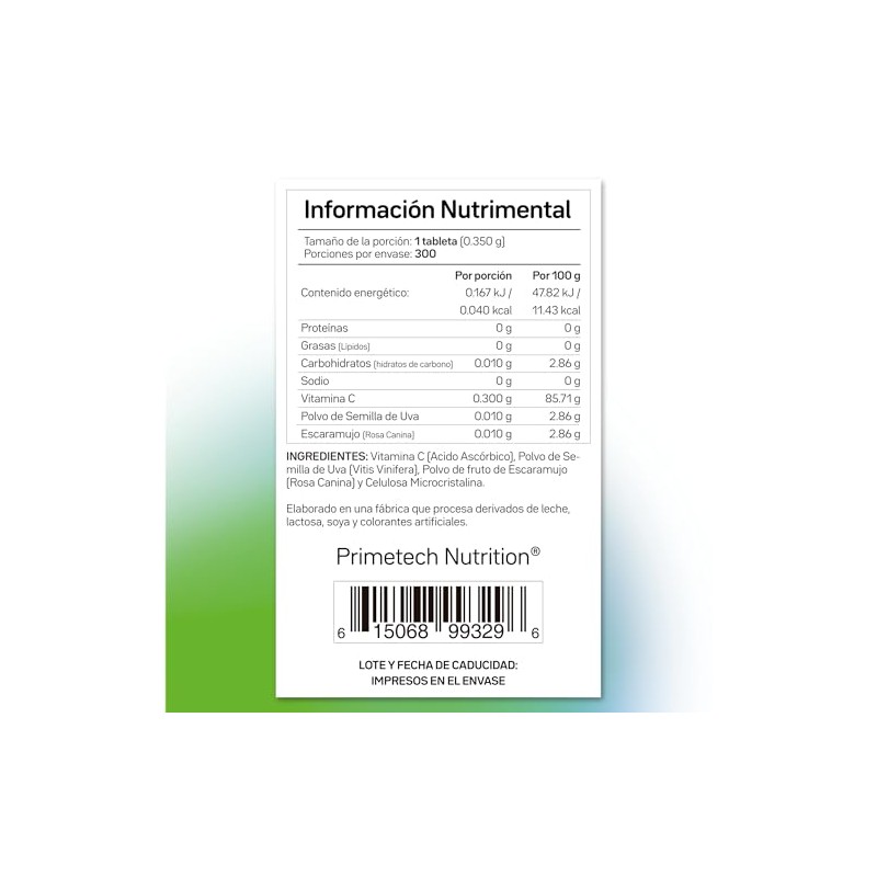 Primetech Nutrition Vitamina C, 300 Tabletas, 300 Mg