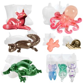 Acxydm 7PCS Animal Resin Molds Set,3D Silicone Molds with Fox Cat Octopus Frog Lizard Dog Snail,Unique Resin Molds,Animal Epoxy Resin molds for Desktop Ornament,DIY Modeling Clay,Plaster,Candle,Resin