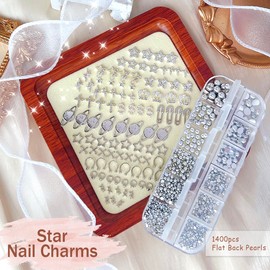 92pcs Star Nail Charms, 1 Box Silver Nail Pearls for Crafting Flat Back, Y2K Silver Metal Planet Cross for Acrylic Nail Art Rhinestones Dangling Star Nail Chains Cute Gems Manicure Decorations Bulk