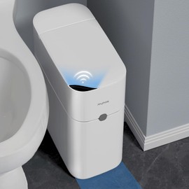 Automatic Motion Sensor Bathroom Trash Can with Lid, Slim Motion Sensor Plastic Narrow Seam Trash Can for Bedroom, Kitchen, Office, RV, 4 AA Battery Powered (Batteries Not Included), White