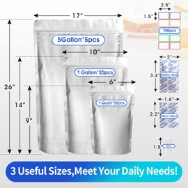 15 Mil 5 Gallon Mylar Bags for Food Storage with 2500cc Oxygen Absorbers - 55 Pack Mylar Bags Include 5 Gallon, 1 Gallon,1 Quart, 100 Pcs Labels and 500cc Oxygen Absorbers for Long Term Food Storage