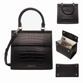 Modern Picnic Vegan Leather Medium Lunch Bag for Women, Cooler Lunch Bag for Girls, Easily Wipeable, Adjustable Shoulder Strap, Women’s Lunch Bags for Work/Office/Outdoor, Black As Seen on Shark Tank