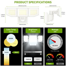 MAGAGUVU 38W 7500LM LED Security Lights Outdoor with Remote Control, 6500K Motion Sensor Flood Light, 3 Modes, IP65 Waterproof, Dusk to Dawn 3-Head Floodlight Fixture for Garage, Yard, Porch (White)